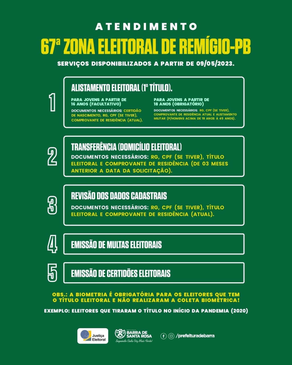 Justiça eleitoral informa sobre os serviços que estarão sendo disponibilizados na 67ª ZONA ELEITORAL DE REMÍGIO-PB